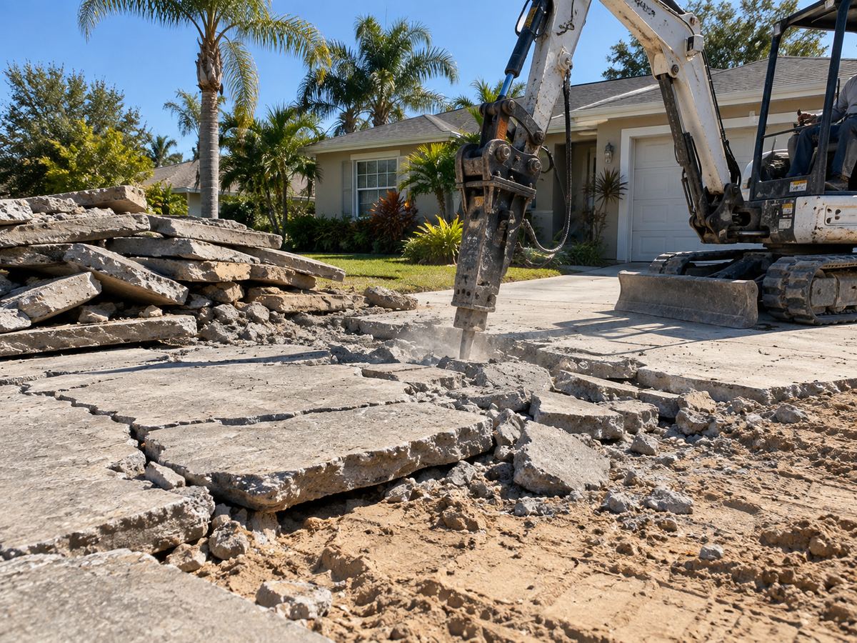 Old cracked concrete being broken out for replacement